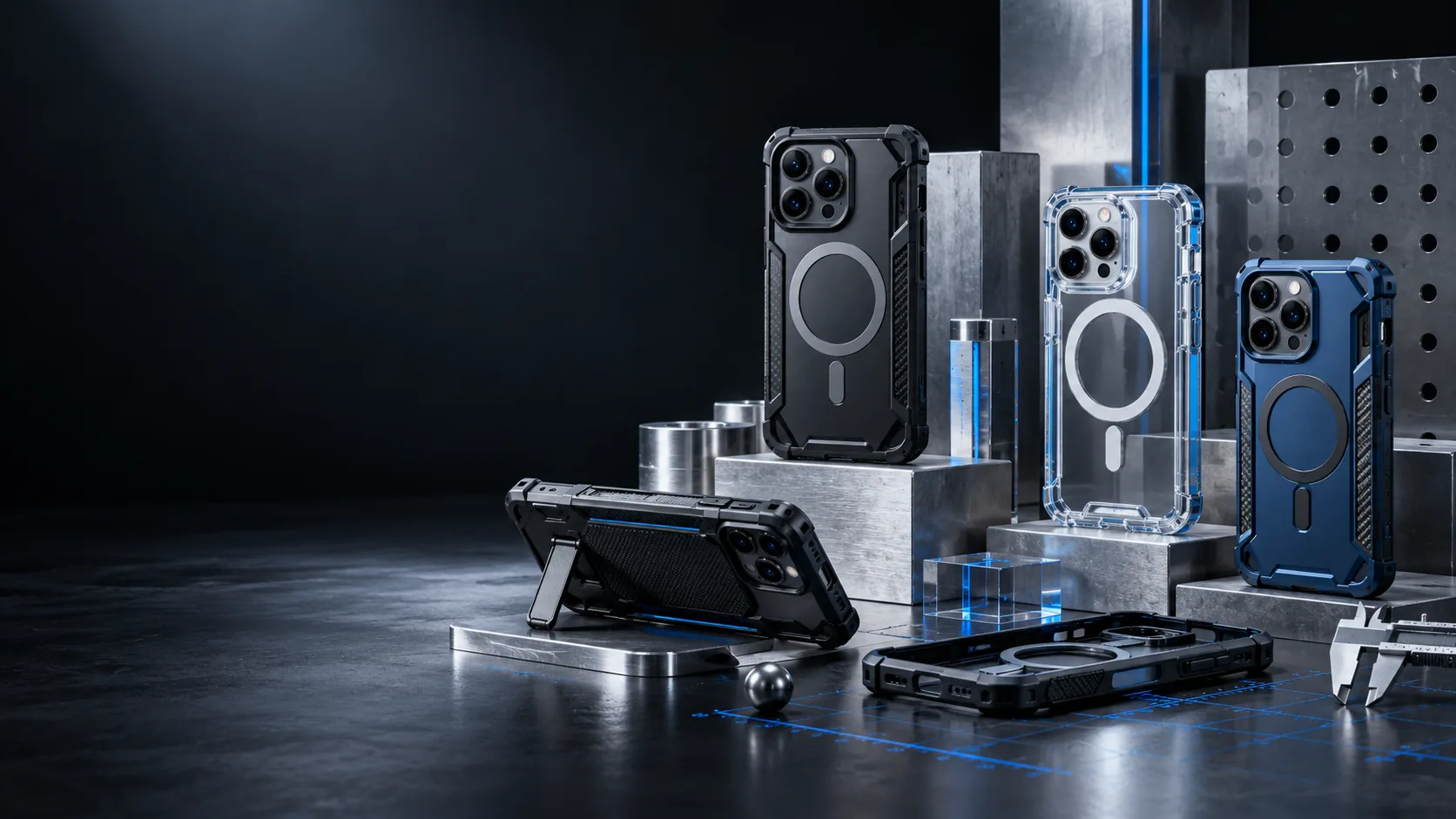 phone cases arranged in a precision accessory studio