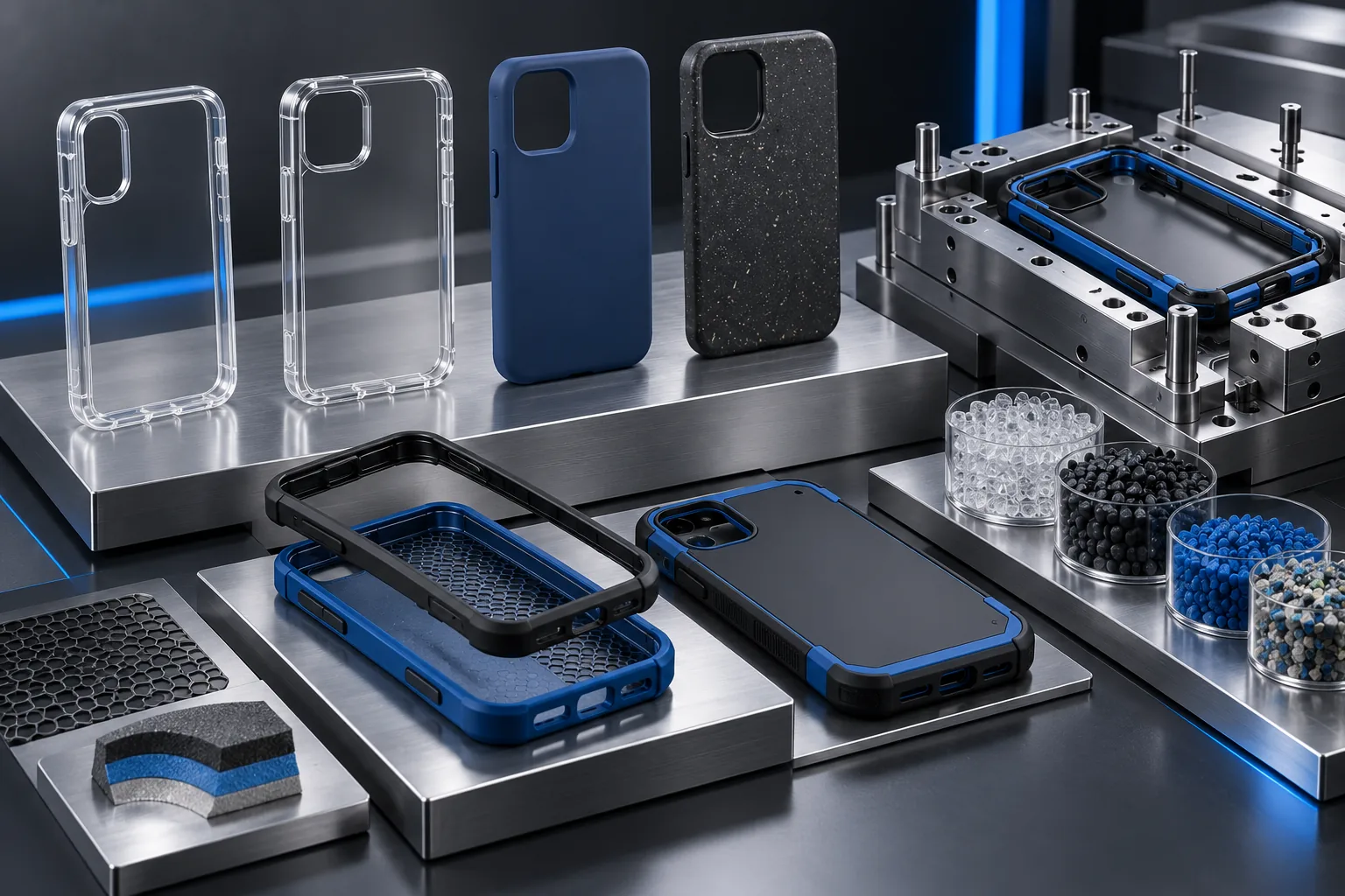 Strip cases, clusters and case trays on a beauty sampling table