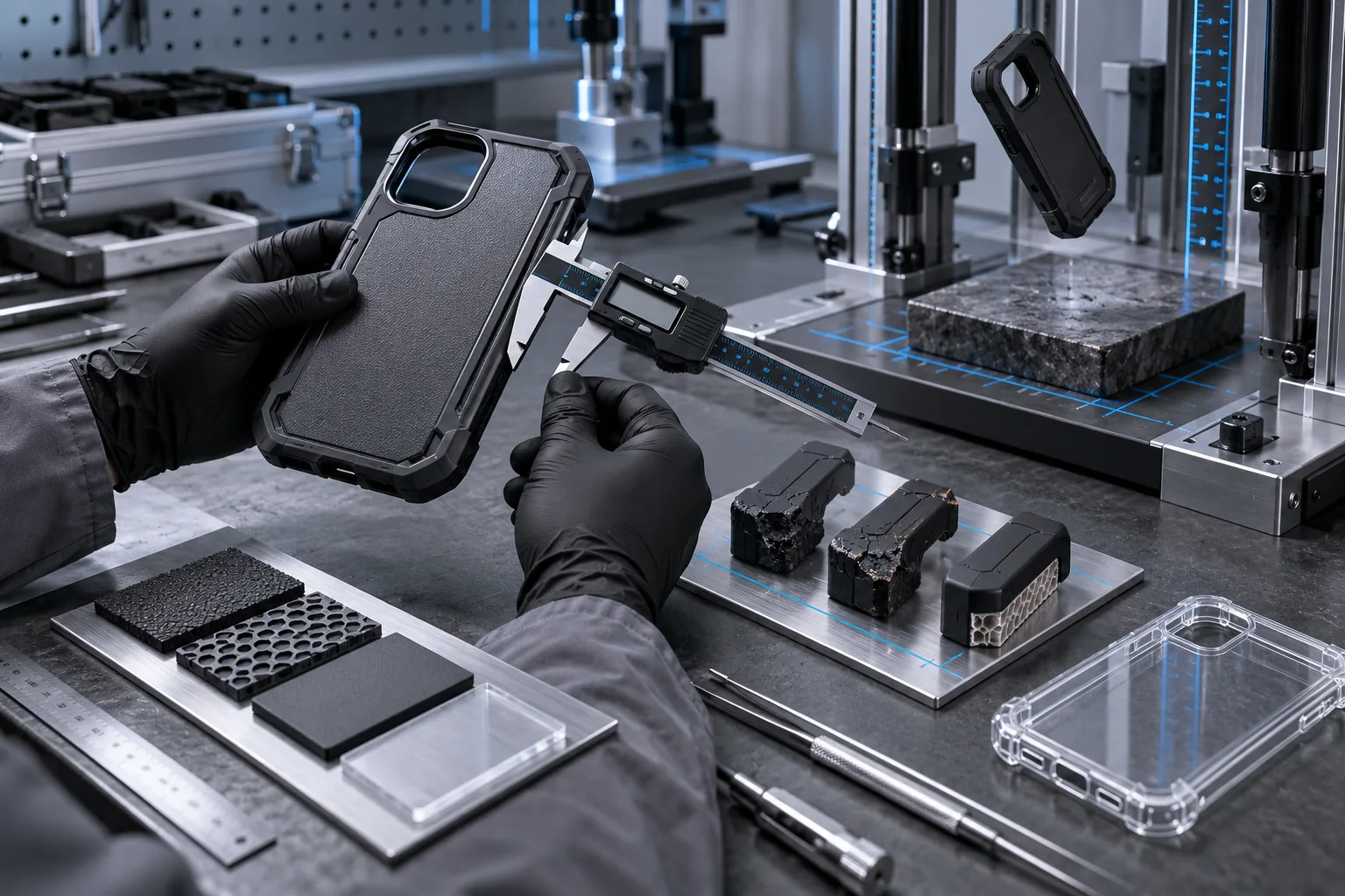 Technician inspecting phone cases at a quality desk